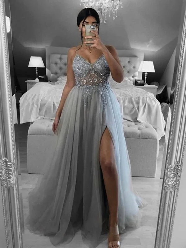 evening gown for special occasions-A Line V Neck Open Back Beaded Gray Long Prom, Backless Gray Formal, Gray Evening