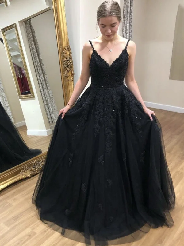 ball gown evening dress-A Line V Neck Open Back Black Lace Long Prom, Black Lace Formal, Black Evening