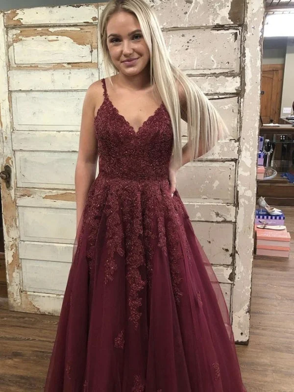 long sleeve evening gown-A Line V Neck Open Back Burgundy Lace Long Prom, Backless Burgundy Formal, Burgundy Lace Evening