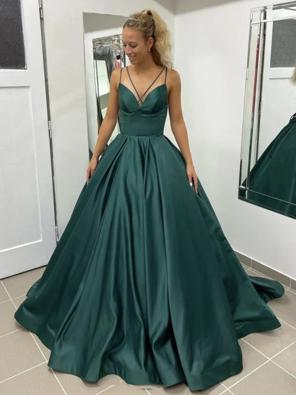 beaded bodice evening gown-A Line V Neck Open Back Green Long Prom Dresses, Open Back Green Formal Graduation Evening Dresses