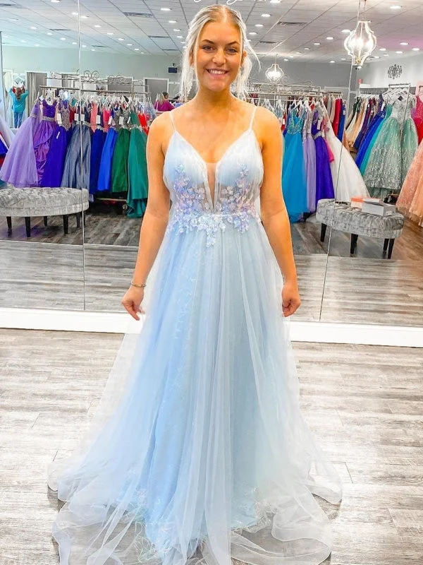 tulle evening gown-A Line V Neck Open Back Light Blue Long Prom Dresses with Lace Flowers, Light Blue Lace Floral Formal Graduation Evening Dresses