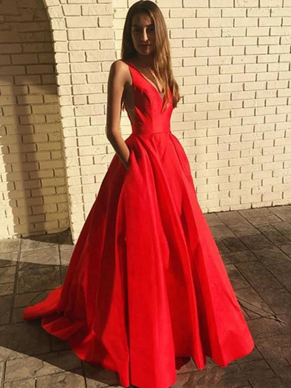 classic black evening gown-A Line V Neck Open Back Red Long Prom with Pocket, Backless Red Formal Graduation Evening