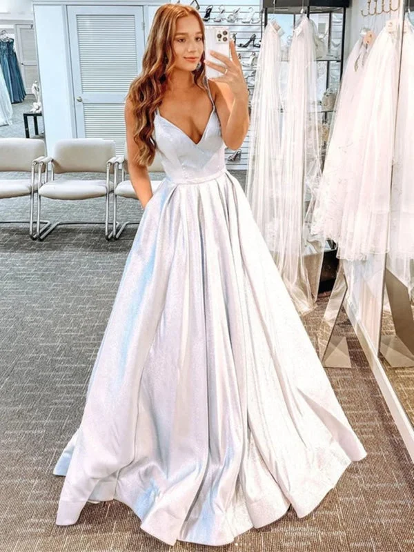 layered evening dress-A Line V Neck Open Back Silver Long Prom Dresses, V Neck Silver Formal Graduation Evening Dresses