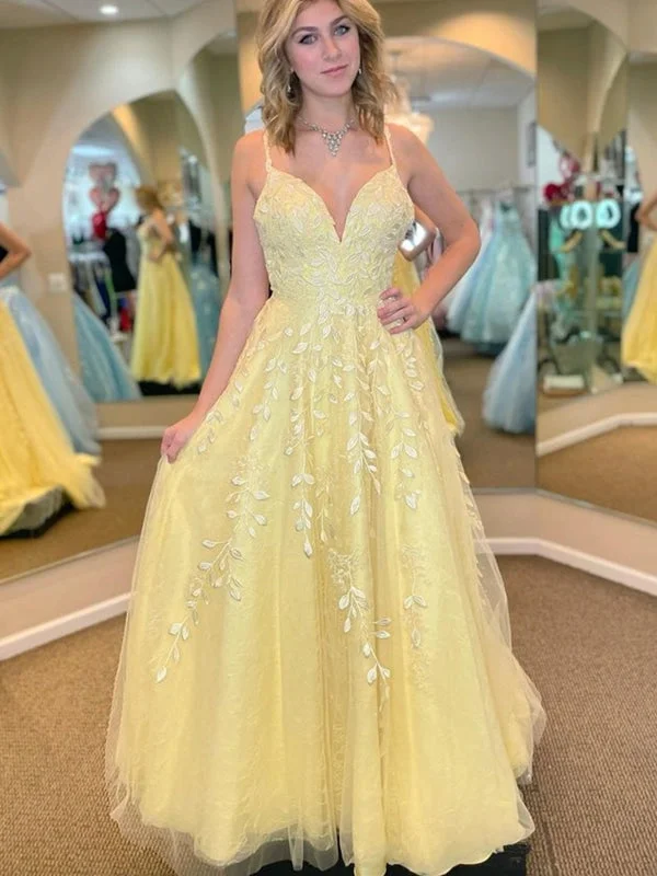 asymmetrical evening gown-A Line V Neck Open Back Yellow Lace Tulle Long Prom Dresses with Appliques, Yellow Lace Formal Graduation Evening Dresses