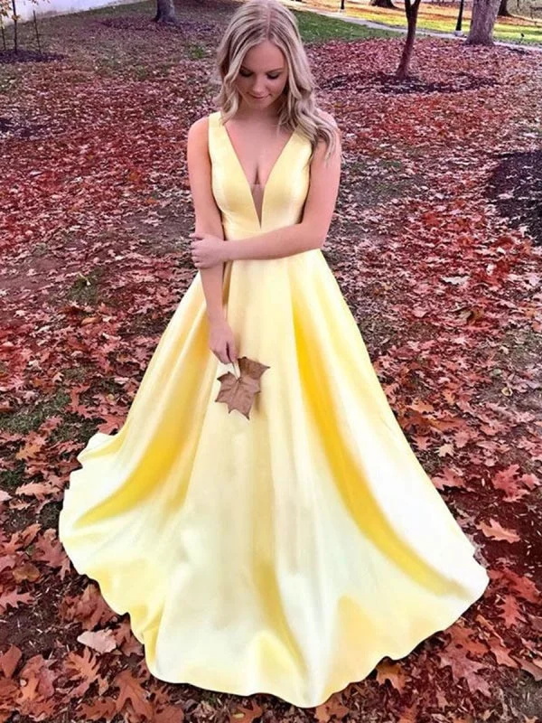 elegant peplum evening gown-A Line V Neck Open Back Yellow Satin Long Prom, V Neck Yellow Formal Graduation Evening, Simple Party