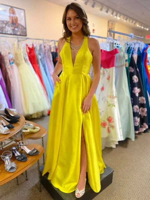 elegant ball gown evening dress-A Line V Neck Open Back Yellow Satin Long Prom Dresses with Slit, V Neck Yellow Formal Graduation Evening Dresses