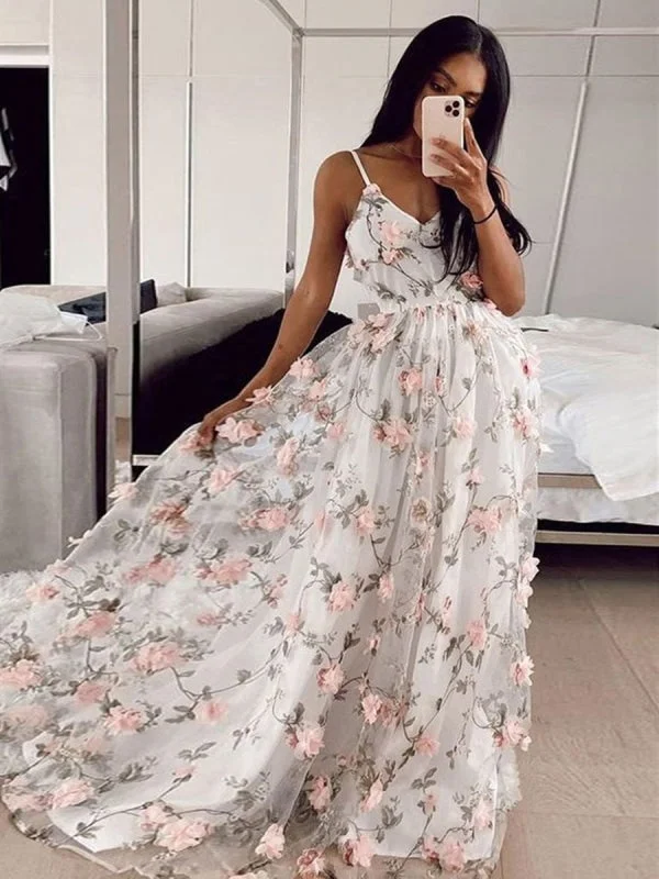 evening gown with sheer overlay-A Line V Neck Pink 3D Flowers White Long Prom, Pink 3D Flowers Formal Graduation Evening