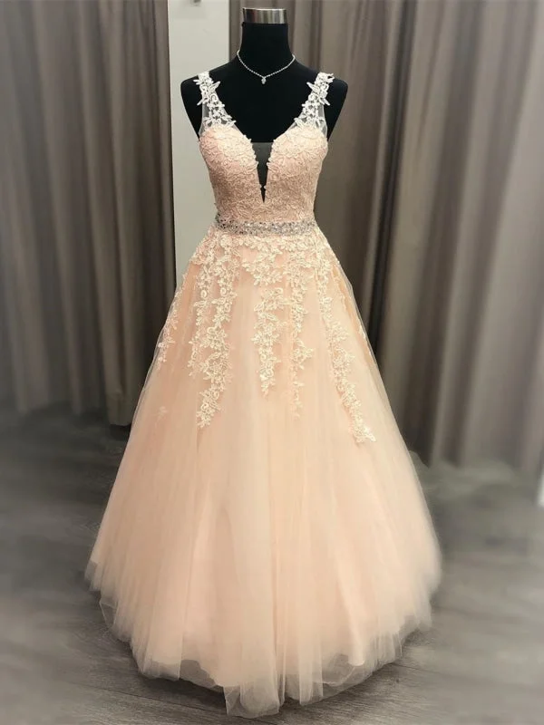 sequined formal evening dress-A Line V Neck Pink Lace Long Prom 2020 with Belt, Pink Lace Formal Graduation Evening