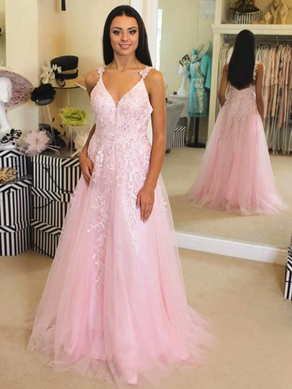 backless evening dress-A Line V Neck Pink Lace Long Prom Dresses, Pink Lace Formal Dresses, Pink Evening Dresses