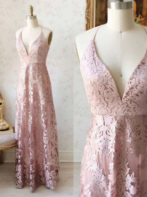 evening dress with plunging neckline-A Line V Neck Pink Lace Long Prom, Pink Lace Formal, Pink Evening