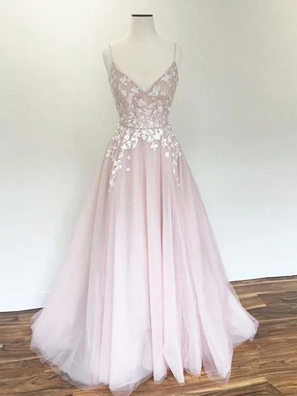 illusion neckline evening gown-A Line V Neck Pink Lace Long Prom, Pink Long Lace Floral Formal Evening