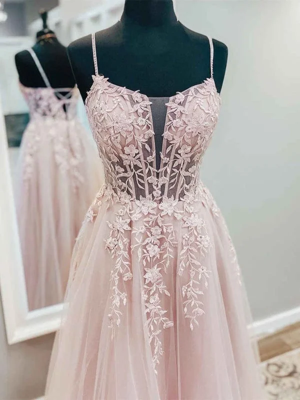 evening dress with sleeves and lace-A Line V Neck Pink Tulle Lace Long Prom Dresses, Open Back Pink Formal Dresses, Pink Lace Evening Dresses