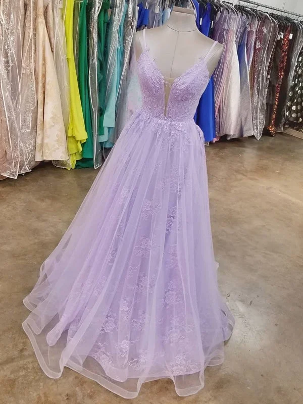 evening dress with embroidery-A Line V Neck Purple Lace Long Prom, Lilac Lace Long Formal Evening