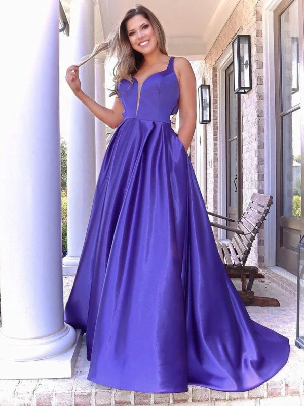 metallic evening gown-A Line V Neck Purple Satin Long Prom Dresses with Pocket, V Neck Purple Formal Graduation Evening Dresses