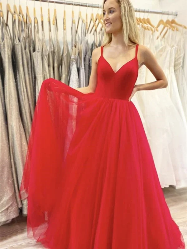 sophisticated evening dress-A Line V Neck Red Chiffon Long Prom, Red Long Formal Graduation Evening