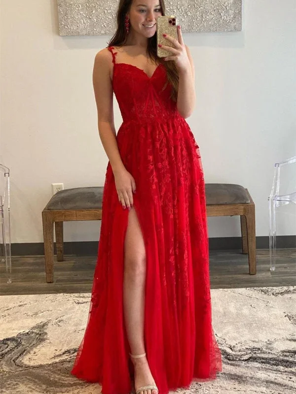 scalloped hem evening gown-A Line V Neck Red Lace Tulle Long Prom Dresses with High Slit, Floor Length Red Lace Formal Graduation Evening Dresses