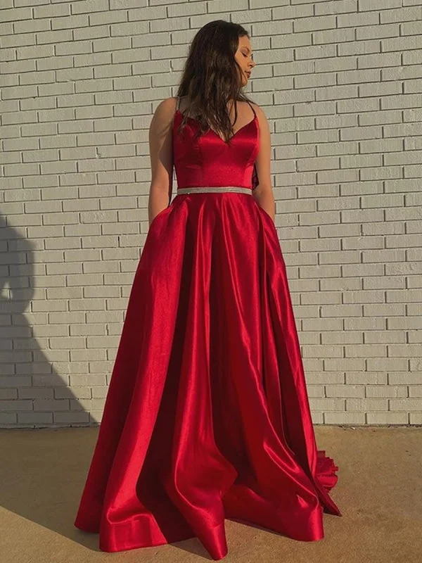 strapless evening dress-A Line V Neck Red Satin Long Prom with Belt, V Neck Red Formal, Red Evening