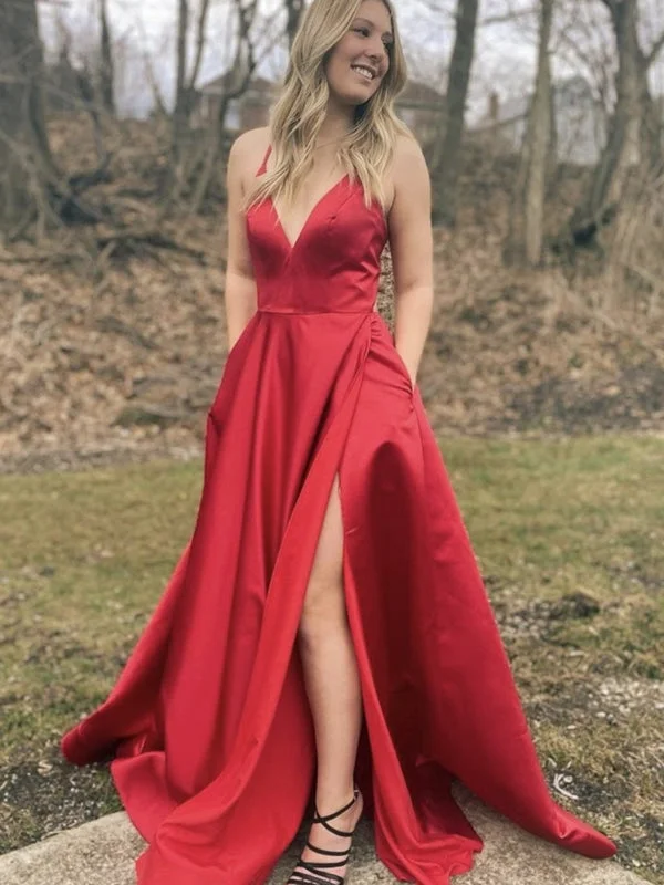 satin evening dress-A Line V Neck Red Satin Long Prom Dresses with High Slit, Red Formal Graduation Evening Dresses with