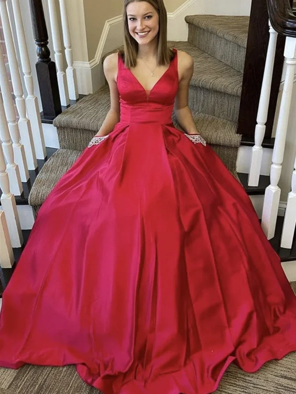 elegant evening dress with train-A Line V Neck Red Satin Long Prom with Pocket, V Neck Red Formal, Red Evening