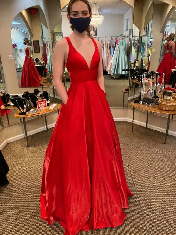 elegant evening dress-A Line V Neck Red Satin Long Prom Dresses with Pocket, V Neck Red Formal Graduation Evening Dresses