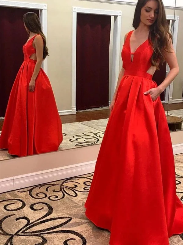 sleeveless tulle evening dress-A Line V Neck Red Satin Long Prom Dresses with Pocket, V Neck Red Formal Graduation Evening Dresses