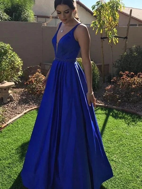 empire waist evening gown-A Line V Neck Royal Blue Satin Long Prom Dresses, Long Royal Blue Formal Graduation Evening Dresses