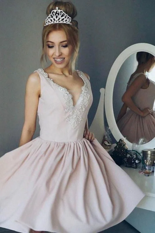 evening dress with ruffles-A-Line V-Neck Ruched Short Pearl Pink Satin Homecoming with Beading Mini Prom Dress