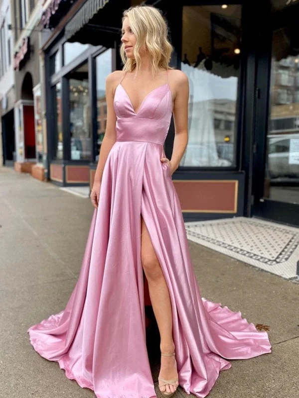 illusion back evening gown-A Line V Neck Satin Backless Long Pink Prom with High Slit, V Neck Backless Pink Formal with Pocket, Backless Pink Evening