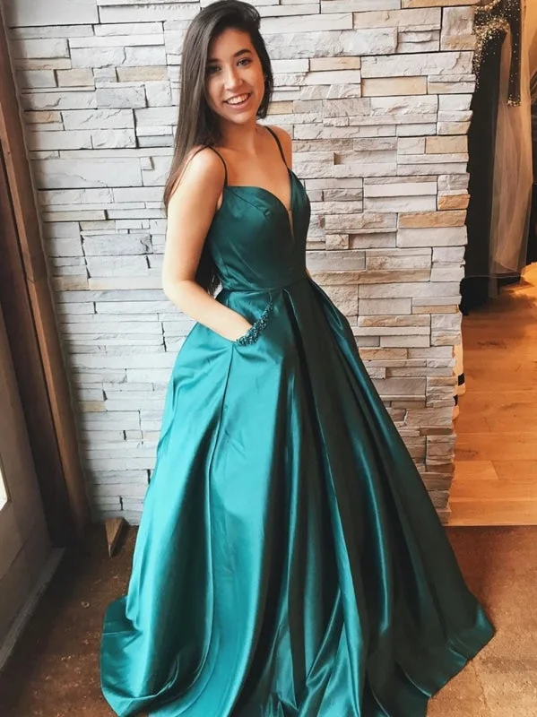 evening gown with beads-A Line V Neck Satin Long Emerald Green Prom Dresses with Pocket, V Neck Emerald Green Formal Dresses, Emerald Green Evening Dresses, Ball