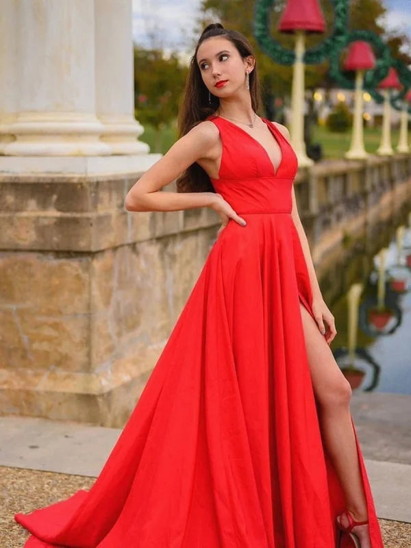 fit and flare evening dress-A Line V Neck Satin Long Red Prom with High Slit, V Neck Red Formal, Red Evening