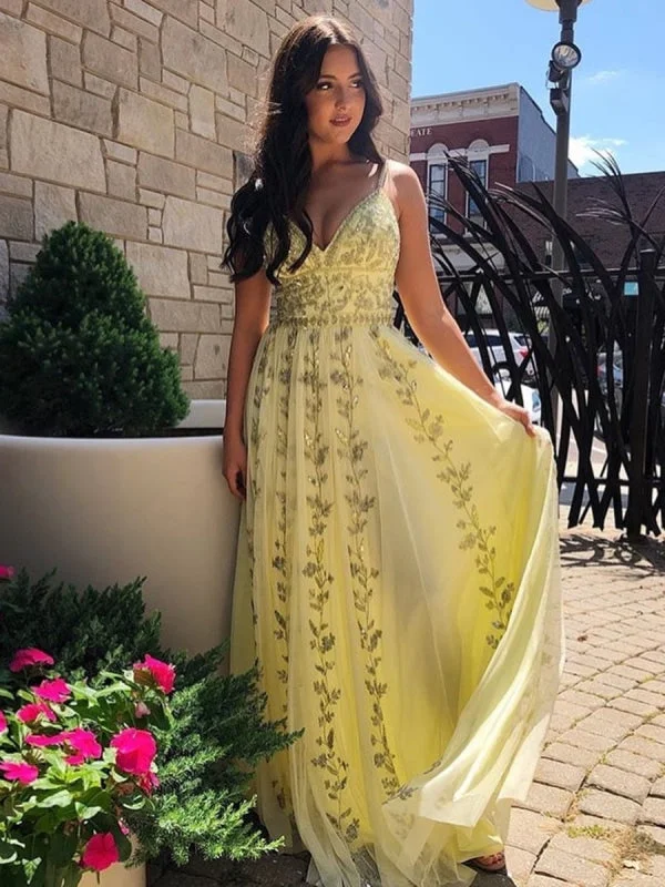 long sleeve evening gown-A Line V Neck Sequin Appliques Yellow Long Prom, V Neck Yellow Formal, Yellow Evening