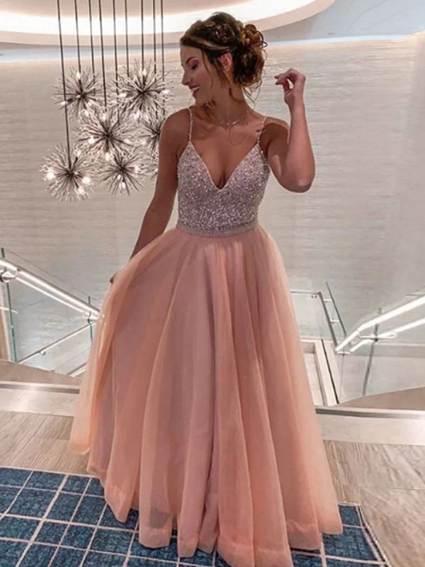 metallic evening gown-A Line V Neck Sequins Pink Long Prom with Straps, V Neck Pink Formal Graduation Evening