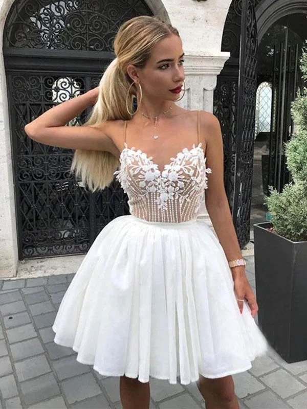 halter neck evening dress-A Line V Neck Short White Lace Prom with Straps, White Lace Formal Graduation Evening