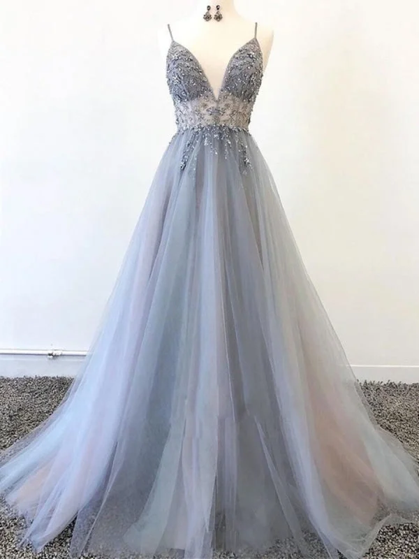 sparkly evening gown-A Line V Neck Silver Grey Tulle Beaded Long Prom, Silver Grey Beaded Formal Graduation Evening