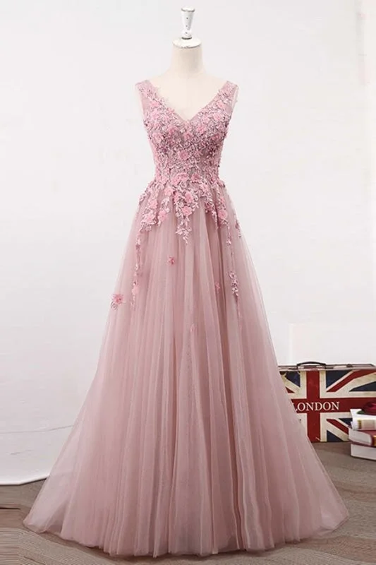 elegant evening gown with beads-A Line V Neck Sleeveless Tulle Long with Flowers Cheap Party Prom Dress