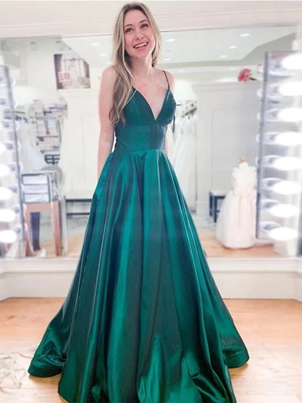 high neck formal evening gown-A Line V Neck Spaghetti Straps Long Emerald Green Prom, V Neck Emerald Green Formal, Simple Green Evening