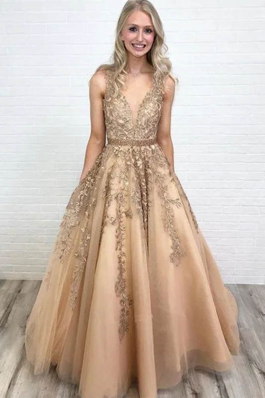 long sleeve evening gown-A Line V Neck Tulle Lace Applique Prom with Beading Waist Puffy Party Dress