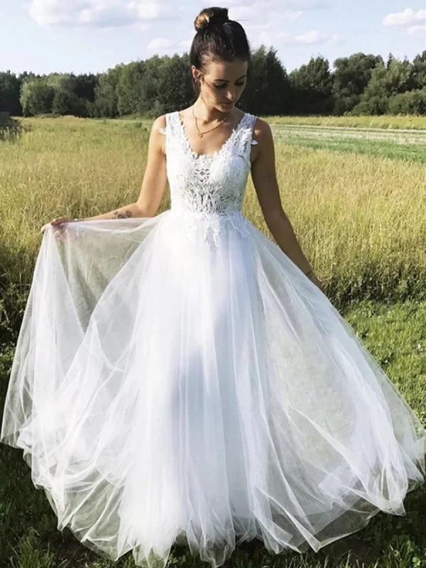 formal evening gown-A Line V Neck Tulle Long Lace White Prom, V Neck White Lace Formal, Lace White Evening