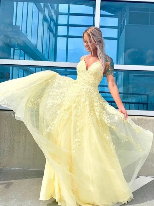 sheer sleeve evening gown-A Line V Neck Tulle Yellow Lace Long Prom, V Neck Yellow Lace Formal, Yellow Lace Evening