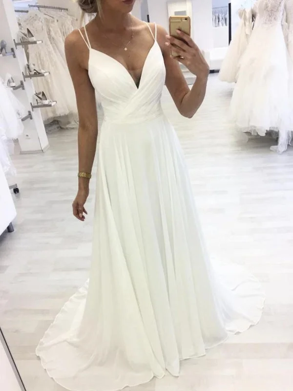 tulle evening gown-A Line V Neck White Chiffon Long Prom with Straps, V Neck White Formal Graduation Evening