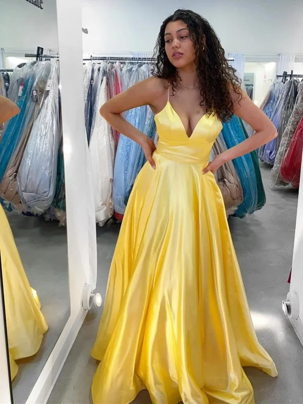 elegant evening wear-A Line V Neck Yellow Satin Long Prom, Yellow Satin Long Formal Evening