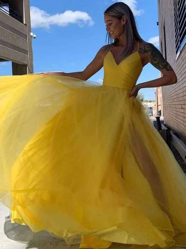 evening dress with keyhole-A Line V Neck Yellow Tulle Long Prom Dresses, V Neck Yellow Formal Graduation Evening Dresses