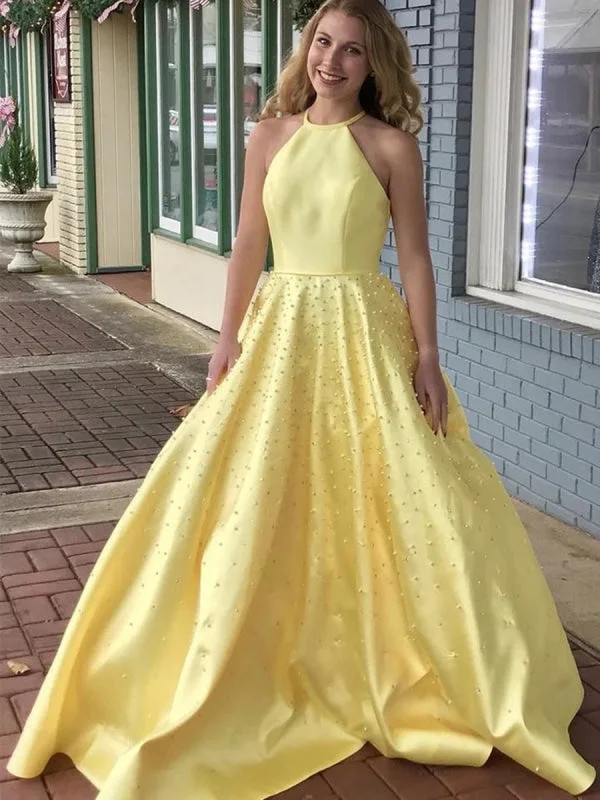 evening gown with high-low hem-A Line Yellow Satin Beaded Long Prom, Yellow Formal Graduation Evening