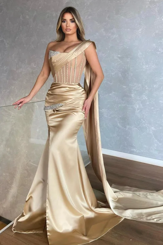 velvet evening gown-Amazing Champagne One-Shoulder Sleeveless Mermaid Prom Dress with Slit and Ruffles