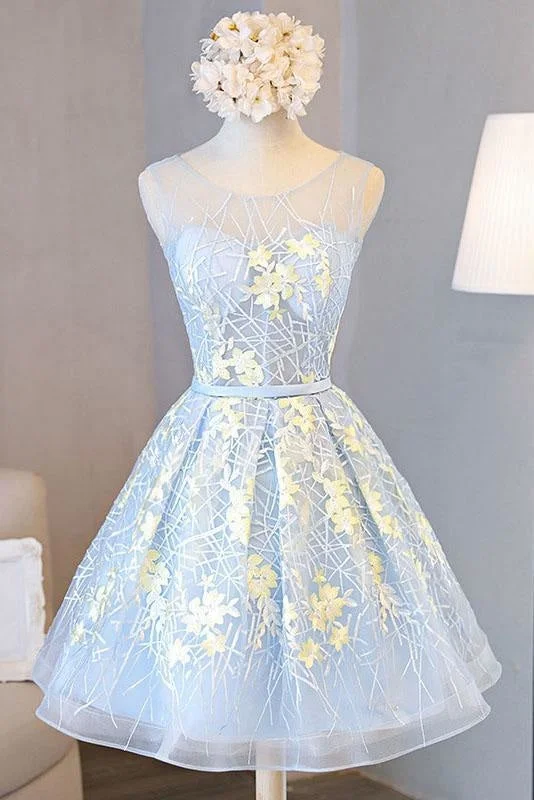 elegant peplum evening gown-Appliqued A line Tulle Lace Short Prom dress Sleeveless Homecoming Dresses with Belt