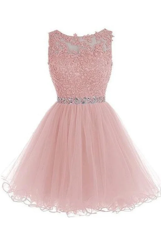 sophisticated evening dress-Appliqued Sleeveless Dress with Beads Tulle Homecoming Short Prom Gown