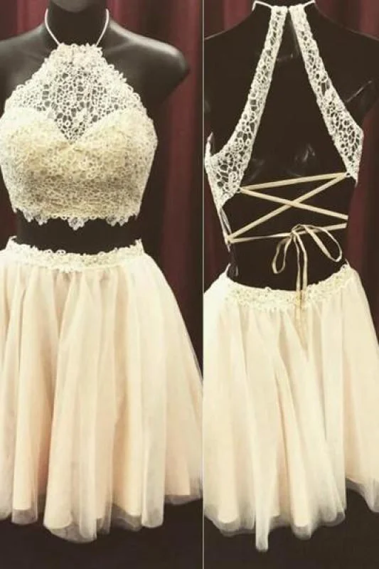 backless evening dress-Awesome Awesome Beige Two Pieces Lace Top Halter Sleeveless Graduation Homecoming Dress for Teens