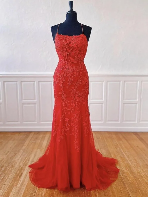 floral print evening gown-Backless Mermaid Long Red Lace Prom, Mermaid Red Lace Formal, Red Lace Evening