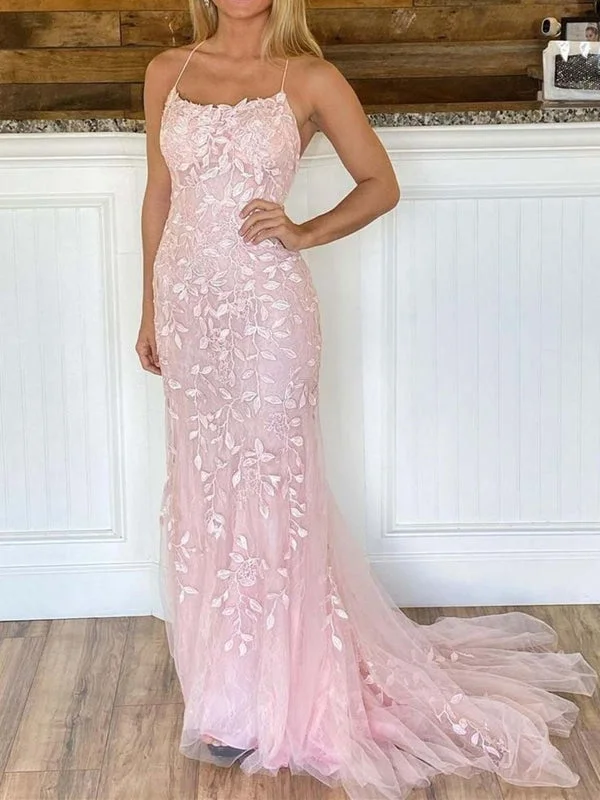 glamorous evening gown-Backless Mermaid Pink Lace Long Prom Dresses, Mermaid Pink Formal Dresses, Pink Lace Evening Dresses