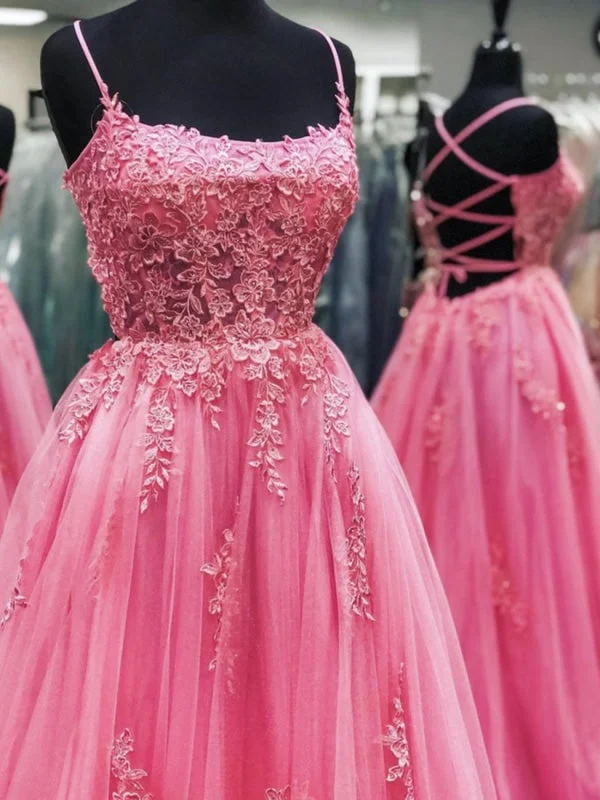 empire waist evening gown-Backless Pink Tulle Lace Floral Long Prom, Pink Lace Formal Graduation Evening